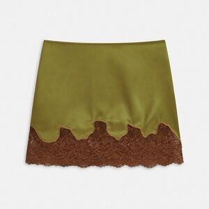 Commense Olive Satin Mini Skirt with Brown Lace Hem